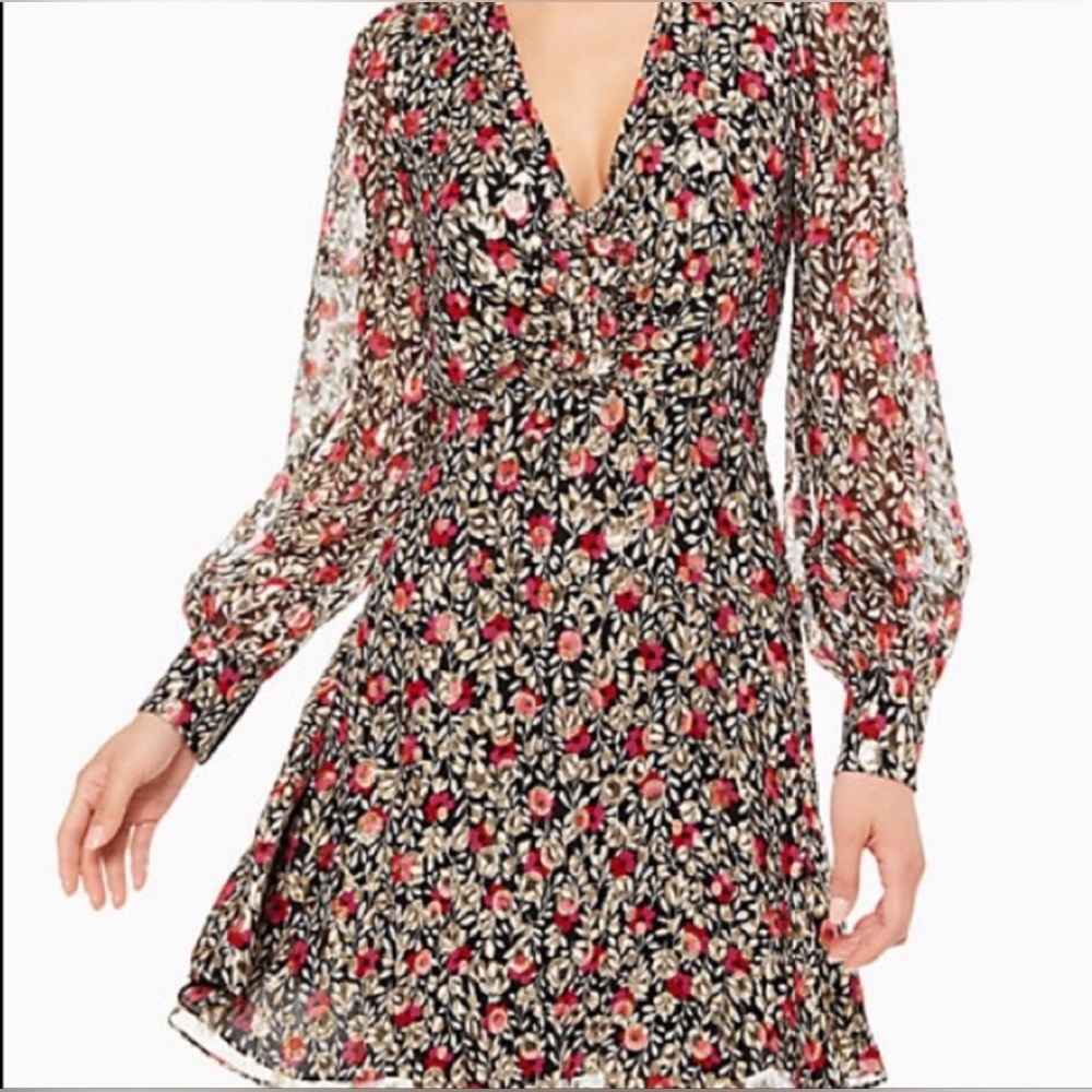 Kate Spade Floral Long Sleeve Dress in Black, Red, and Metallic Silver Sz 6 - Picture 2 of 10